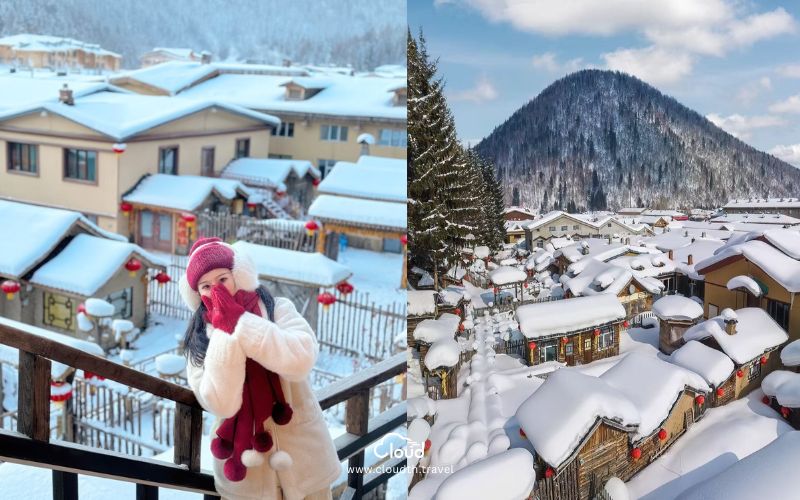 Harbin Private Package บ้านไม้กลางหิมะ Snow Town ฮาร์บิน หิมะหนาบนหลังคา